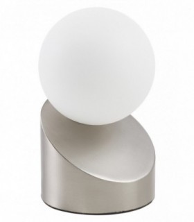 Lámpara de mesa Moon color níquel mate con esfera opal y base curva moderna Lámpara de mesa Moon color níquel mate con esfera opal y base curva moderna