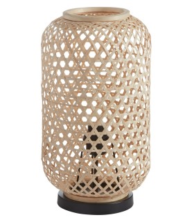 Lámpara de sobremesa decorativa India en bambú natural con base negra