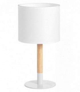 Lámpara de mesa Noelia blanca con base metálica y detalle en madera Lámpara de mesa Noelia blanca con base metálica y detalle en madera