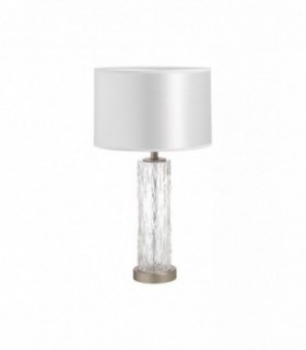 Lámpara Clara Cromo Mate con base cilíndrica de cristal efecto burbuja y pantalla blanca Lámpara Clara Cromo Mate con base cilíndrica de cristal efecto burbuja y pantalla blanca