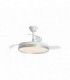 SVentilador de techo de tamaño pequeño modelo Mini Togo con aspas blancas, detalles en plata y luz LED integrada.