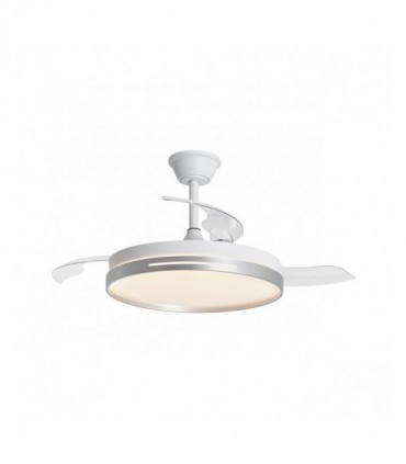 SVentilador de techo de tamaño pequeño modelo Mini Togo con aspas blancas, detalles en plata y luz LED integrada.