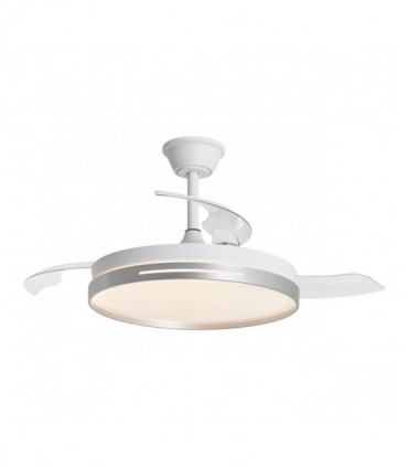 Ventilador de techo moderno modelo Togo con detalles en plata cromada, palas blancas y plafón de luz LED central.
