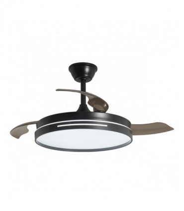 Ventilador de techo moderno modelo Togo en color negro mate con luz LED integrada, instalado en un techo blanco.